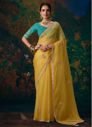 
                      Yellow Beads Embroidered Work Saree