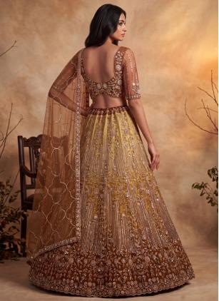 
                      Brown and Yellow Net Embroidered Lehenga Choli With Dupatta