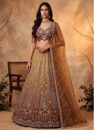 
                      Brown and Yellow Net Embroidered Lehenga Choli With Dupatta