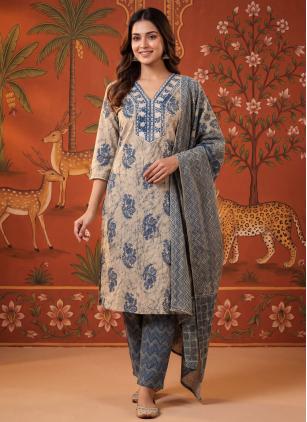 
                      Casual Beige Cotton Printed Readymade Salwar Kameez