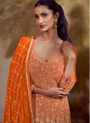 
                      Orange Embroidered Georgette Wedding Palazzo Salwar Kameez