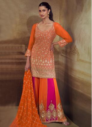 
                      Orange Embroidered Georgette Wedding Palazzo Salwar Kameez