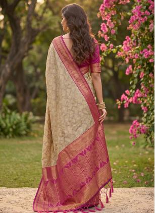 
                      Cotton Beige and Pink Weaving Contemporary Saree