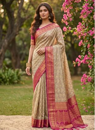 
                      Cotton Beige and Pink Weaving Contemporary Saree