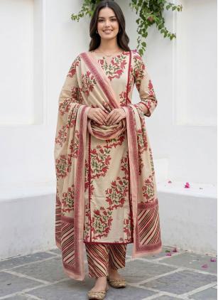 
                      Cotton Cream Printed Designer Salwar Kameez