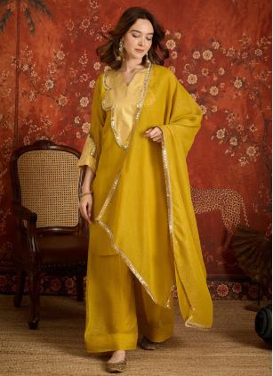 
                      Embroidered Crunchy Yellow Palazzo Salwar Kameez