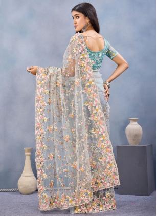
                      Embroidered Net Sea Green Traditional Saree