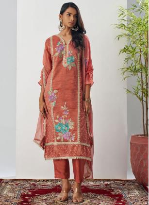 
                      Crush Fancy Embroidered Pink and Rust Readymade Style Suit