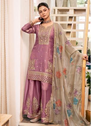 
                      Charming Fandy Embroidered Mauve Palazzo Salwar Kameez