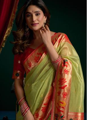 
                      Charming Green Fancy Tissue Traditional Saree