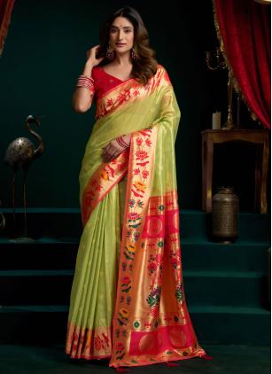
                      Charming Green Fancy Tissue Traditional Saree