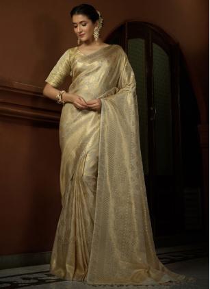 
                      Kanjivaram Silk Weaving Work Cream Classic Saree For Festival