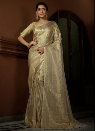 
                      Kanjivaram Silk Weaving Work Cream Classic Saree For Festival