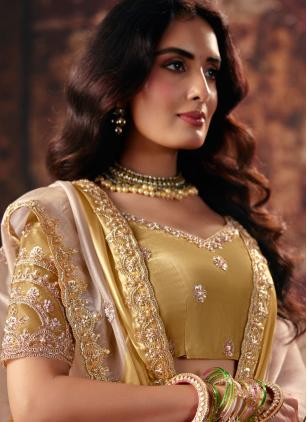 
                      Satin Cream and Yellow Sequins and Zari Work Trendy Saree