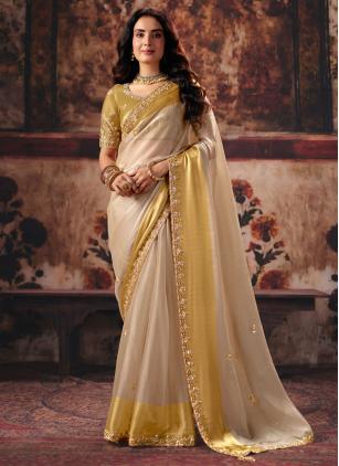 
                      Satin Cream and Yellow Sequins and Zari Work Trendy Saree