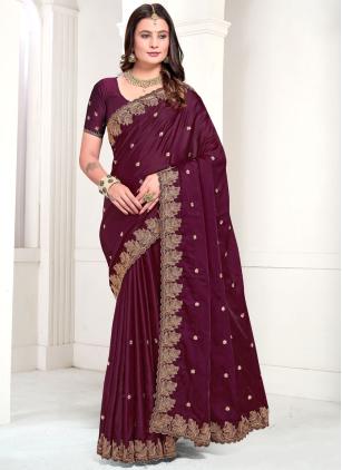 
                      Wine Embroidered Satin Contemporary Saree