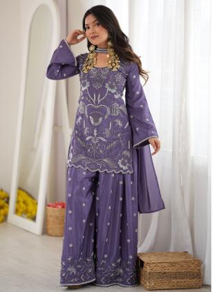 
                      Lavender Chinon Beads Work Full Sleeved Salwar Kameez