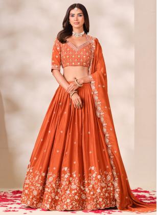 
                      Chinon Ceremonial Orange Embroidered Designer Lehenga Choli
