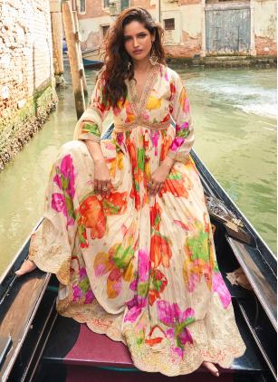 
                      Readymade Designer Chinon Cream Digital Print Gown