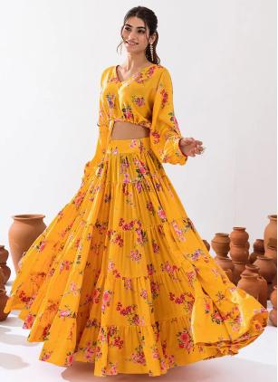 
                      Chinon Digital Print Yellow Readymade Lehenga Choli