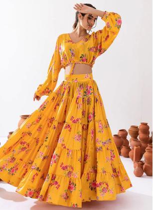 
                      Chinon Digital Print Yellow Readymade Lehenga Choli