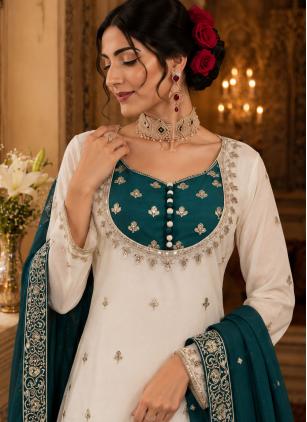 White Chinon Embroidered Palazzo Salwar Kameez
