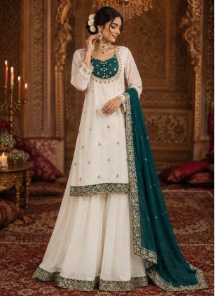 White Chinon Embroidered Palazzo Salwar Kameez