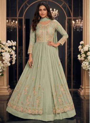 
                      Chinon Embroidered Sea Green Readymade Lehenga Choli
