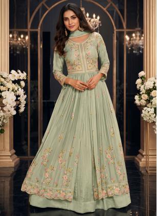 
                      Chinon Embroidered Sea Green Readymade Lehenga Choli