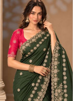 
                      Chinon Green Embroidered Contemporary Saree
