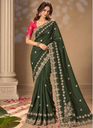 
                      Chinon Green Embroidered Contemporary Saree