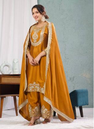
                      Chinon Mustard Embroidered Readymade Salwar Kameez