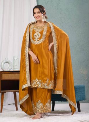 
                      Chinon Mustard Embroidered Readymade Salwar Kameez