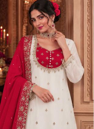 
                      Chinon White Readymade Salwar Kameez For Eid