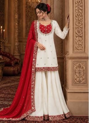 
                      Chinon White Readymade Salwar Kameez For Eid