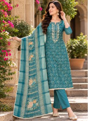 
                      Cotton Bandhej Print Aqua Blue Pant Style Suit