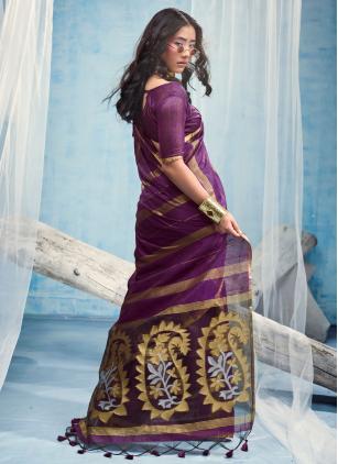 
                      Cotton Purple Weaving Work Trendy Saree