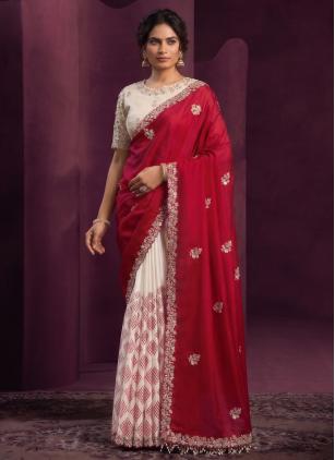 
                      Cream and Red Embroidered Satin Silk Trendy Saree