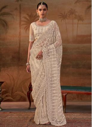 
                      Cream Ceremonial Net Embroidered Trendy Saree