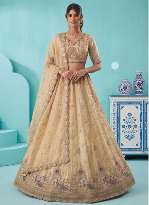 
                      Cream Ceremonial Silk Embroidered Trendy Lehenga Choli