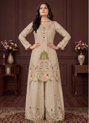 
                      Cream Chinon Embroidered Salwar Kameez