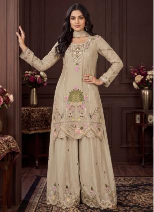 
                      Cream Chinon Embroidered Salwar Kameez