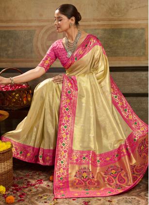 
                      Cream Meenakari Work Tissue Silk Classic Saree