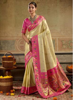 
                      Cream Meenakari Work Tissue Silk Classic Saree