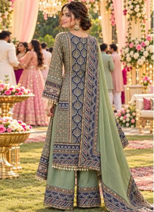 
                      Crepe Silk Ceremonial Multi Colour Aari Work Palazzo Salwar Kameez