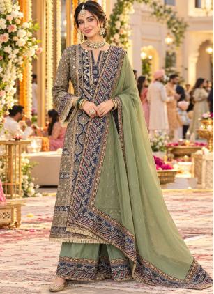 
                      Crepe Silk Ceremonial Multi Colour Aari Work Palazzo Salwar Kameez