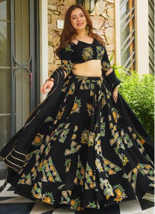 
                      Crepe Silk Digital Print Black Readymade Lehenga Choli
