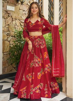 
                      Crepe Silk Digital Print Red Trendy Lehenga Choli