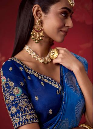 
                      Blue Crepe Silk Embroidered Contemporary Saree