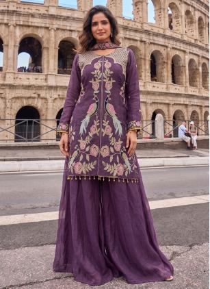 Crunchy Embroidered Purple Palazzo Salwar Kameez